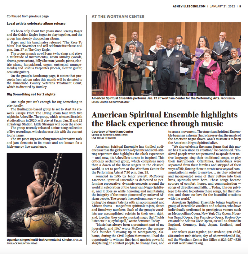 American Spiritual Ensemble article in Asheville Scene, Jan. 21, 2022