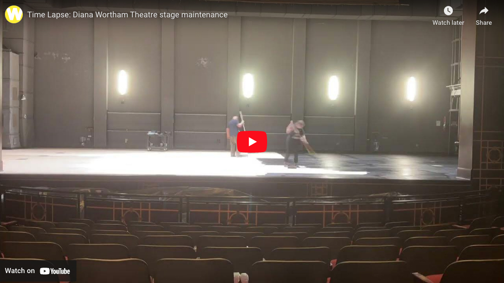 Time lapse video thumb of Diana Wortham Theatre stage being sanded and painted.