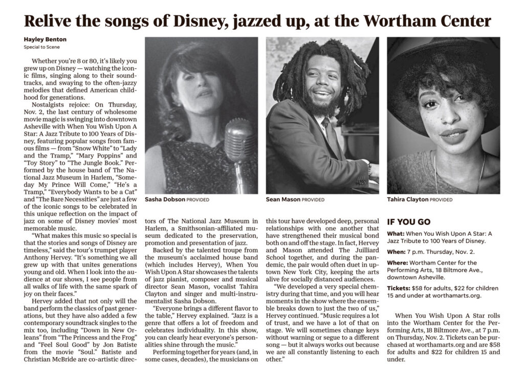 Asheville Citizen Times / Asheville Scene article, "Relive the songs of Disney, jazzed up, at the Wortham Center," Friday Oct. 27, 2023.