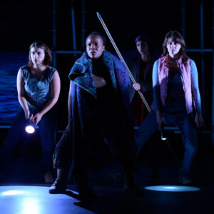 Sophie Zmorrod (Béa), Zamo Mlengana (Zee), Layla Khoshnoudi (Anoud), and Anya Whelan-Smith (Hana) in the world premiere of Odyssey from The Acting Company.