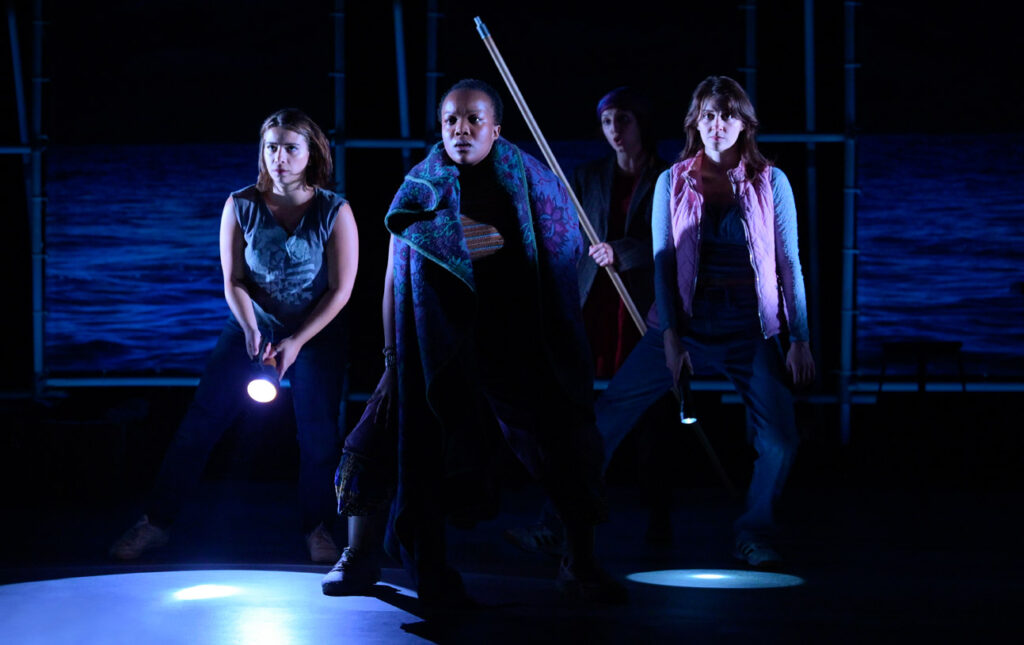 Sophie Zmorrod (Béa), Zamo Mlengana (Zee), and Anya Whelan-Smith (Hana) in the world premiere of Odyssey from The Acting Company in association with Marin Theatre Company. Photo: Marin Theatre Company / Kevin Berne.