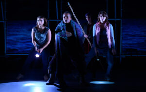 Sophie Zmorrod (Béa), Zamo Mlengana (Zee), and Anya Whelan-Smith (Hana) in the world premiere of Odyssey from The Acting Company in association with Marin Theatre Company. Photo: Marin Theatre Company / Kevin Berne.