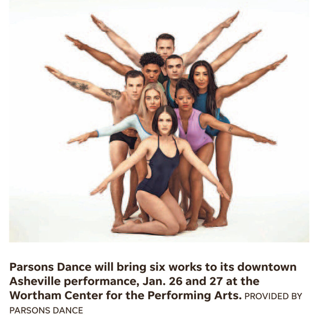 Parsons Dance image in Asheville Citizen Times / Asheville Scene, Jan. 19 2024. Parsons Dance will bring six works to its downtown Asheville performance, Jan. 26 & 27 at the Wortham Center for the Performing Arts.