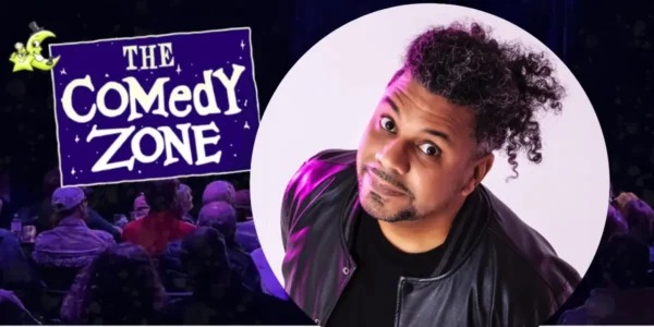 Comedian Orlando Leyba smiling with raised eyebrows, next to 