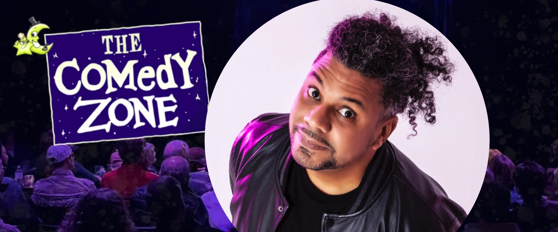 Comedian Orlando Leyba smiling with raised eyebrows, next to 