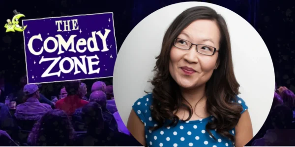 Comedian Helen Hong smiling and looking upwards, beside 