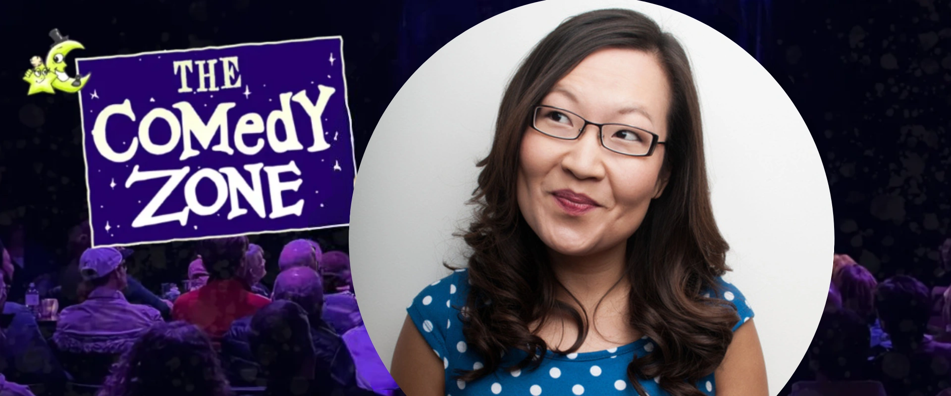 Comedian Helen Hong smiling and looking upwards, beside 
