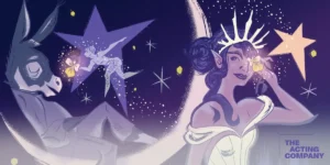 Stylized illustration of a donkey-headed figure on a crescent moon and a fairy queen with a crown. Context: Midsummer Night's Dream.