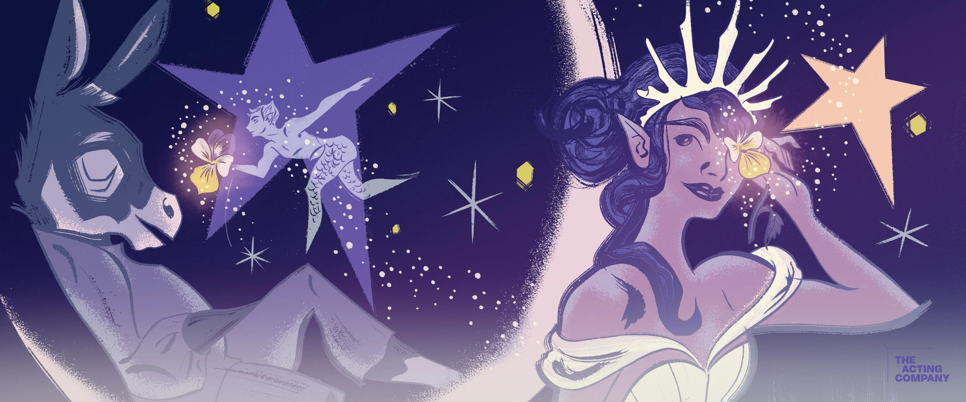 Stylized illustration of a donkey-headed figure on a crescent moon and a fairy queen with a crown. Context: Midsummer Night's Dream.