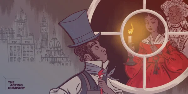 Stylized illustration of a man with London buildings in background, observing two women through a circular window. Context: Great Expectations.
