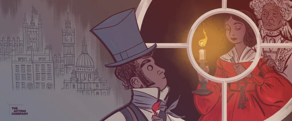 Stylized illustration of a man with London buildings in background, observing two women through a circular window. Context: Great Expectations.
