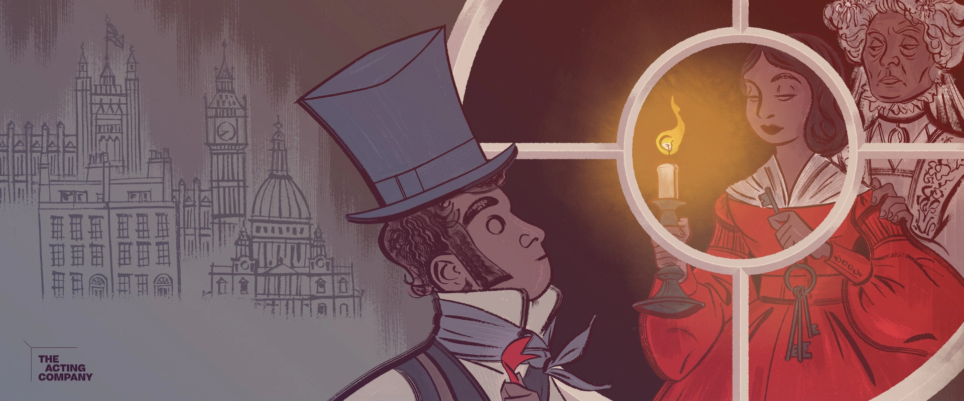 Stylized illustration of a man with London buildings in background, observing two women through a circular window. Context: Great Expectations.