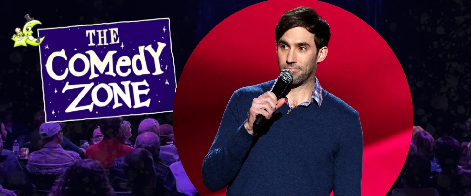 Michael Palascak, the featured comedian, on stage with a mic, promoting The Comedy Zone series.