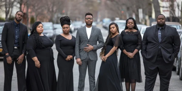 Reginald Golden in a grey suit, flanked by six singers in black dresses and suits on a street. Context: 