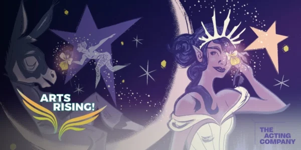 Stylized illustration of a donkey-headed figure on a crescent moon and a fairy queen with a crown. Context: Midsummer Night's Dream.