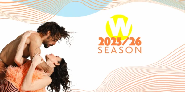 Wortham's 2025/26 Season brochure cover. Features elegant, wavy, orange lines, two dancers, and Wortham's logo.