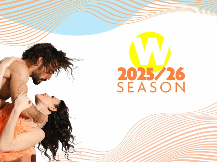 Wortham's 2025/26 Season brochure cover. Features elegant, wavy, orange lines, two dancers, and Wortham's logo.