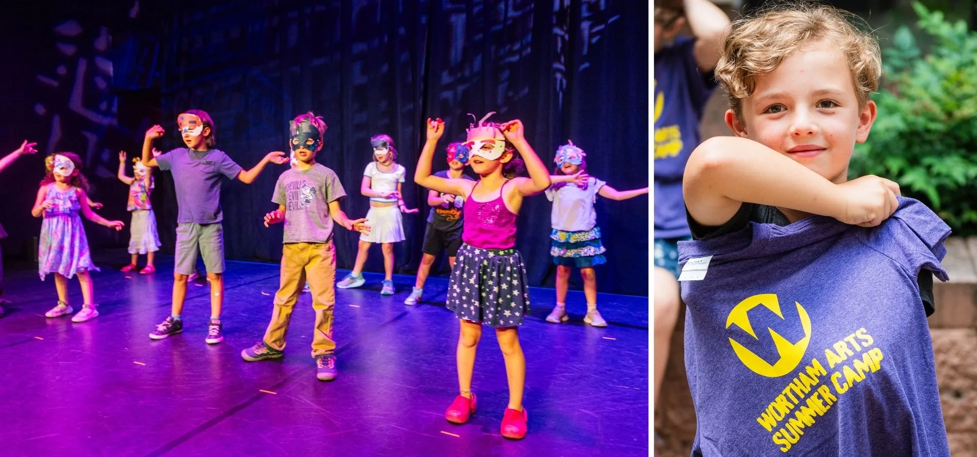 Photo collage: students performing a theatrical piece at the end of 2025 summer camp + a student holding up their purple Wortham Arts Summer Camp t-shirt and smiling