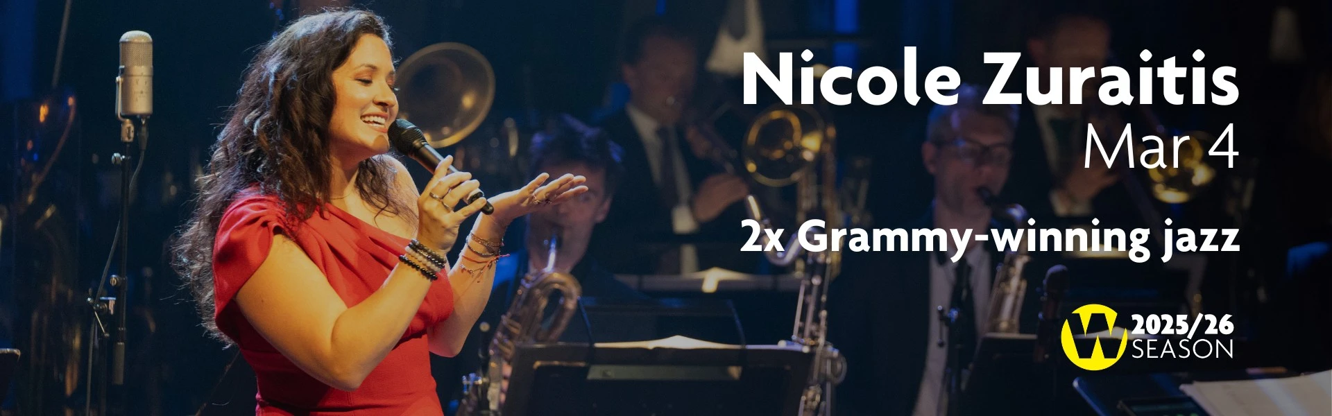 Graphic: Wortham Presents Nicole Zuraitis on March 4. Description of "2-time Grammy-winning jazz" on the graphic.