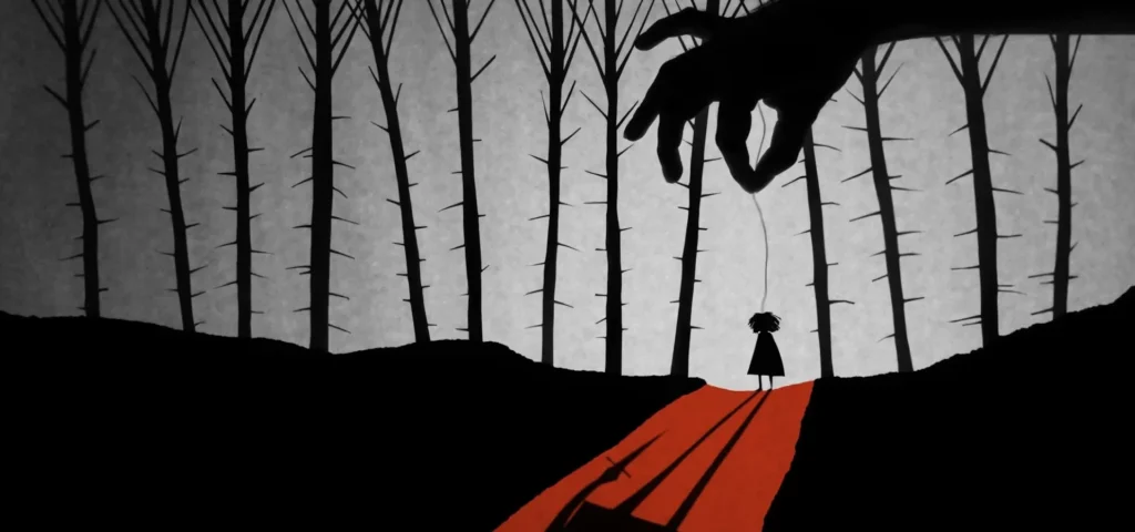 Graphic art: eerie silhouette of a small character being used as a puppet by a large hand at top of frame; puppeteering casts a shadow through the mid and foreground.