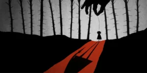 Graphic art: eerie silhouette of a small character being used as a puppet by a large hand at top of frame; puppeteering casts a shadow through the mid and foreground.